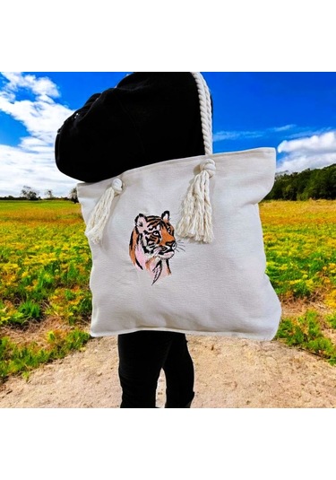 Kaplan Nakışlı Bez Çanta Naturel Ten