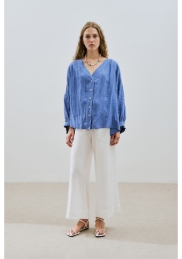 Keten Krushlı Düğmeli Bluz Mavi Mavi