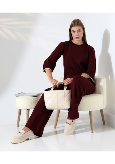 İnci Volanlı Kol Detaylı Triko Takım Bordo