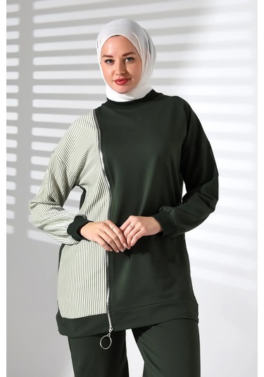 Kadın Mevsimlik Alt Üst Rahat Haki Spor Ikili Tunik Pantolon Şık Tesettür Takım Haki