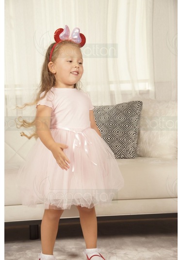 Tüllü Baskısız Düz Üst Kısım Ribana Alt Kısım Astarlı Tütü Etek Kız Çocuk Prenses Kısa Kollu Elbise Pembe