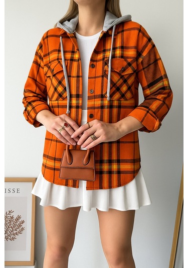 Kadın Desenli Renkli Oduncu Oversize Bol Ve Geniş Kalıp Casual Çift Kapüşonlu Ceket Gömlek Turuncu