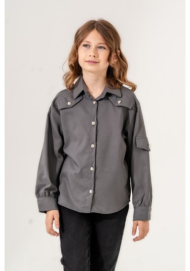 Kız Çocuk Cep Süslü Gömlek 3140 Antrasit