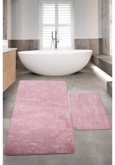Nova Pudra Büyük Ebat 80x150 + 50x80 Cm 2'li Banyo Halısı Paspas Pembe