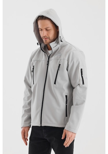 Çıkartılabilen Fermuarlı Kapüşon Cepli İçi Polarlı Su Geçirmez Softshell Erkek Mont Taş Taş