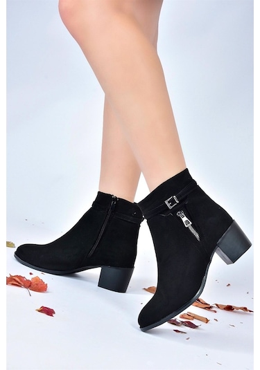 Fox Shoes Siyah Süet Kalın Topuklu Kadın Bot L674155202