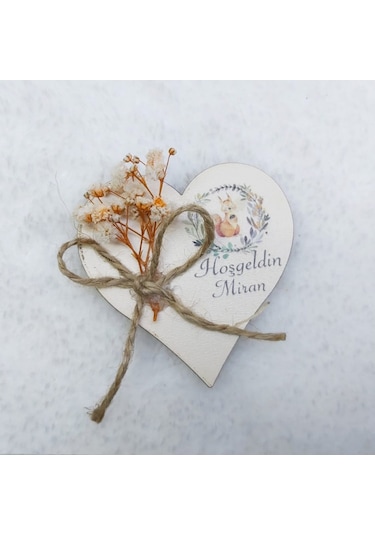 Ahşap Kalp UV Baskılı Kuru Çiçek Süslü Bebek şekeri Bebe(30 Adet)