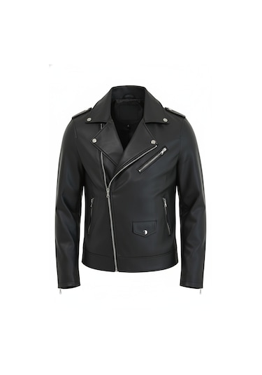 Mero Life Erkek Çapraz Fermuarlı Deri Ceket - Siyah