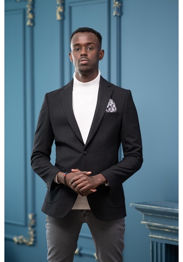 Apartro Regular Fit Mono Yaka Çift Yırtmaç Torba Cep Armürlü Tek Ceket Siyah