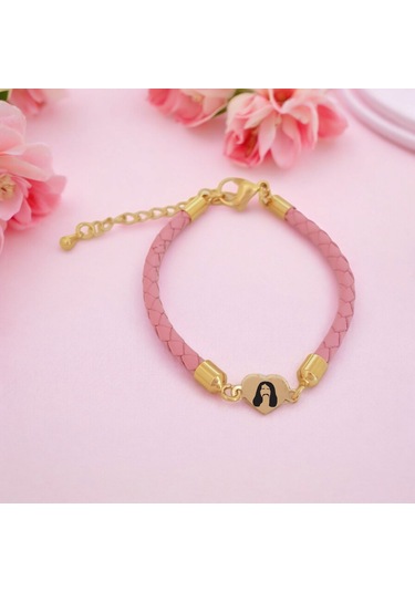 Archin Bariş Manço Temalı 14 Ayar Altın Plakalı Pembe Derili Kalp Figürlü Hediye Bileklik-473sembol Bariş Manço