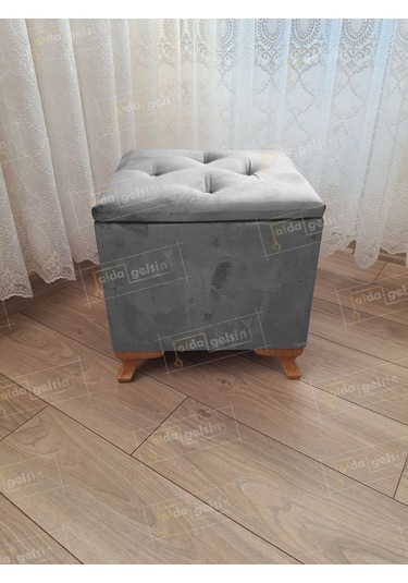 Lüks Sandıklı Tabure Puf 45 X 45 Cm Ceviz Ayak Gri