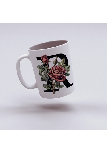 R Baş Harf Kırmızı Güller İle Sarılı Bardak 330 Ml Kişiye Özel Çiçekli Hediye Beyaz