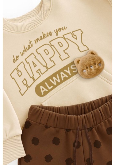 Kız Çocuk Peluş Teddy Bear Aplikeli Sweatshirt Bol Kesim Puantiye Eşofman Altı Takım Kahve