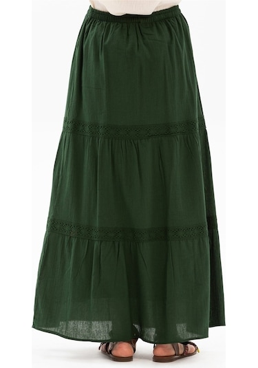 Uzun Şile Bezi Dantelli Etek Yeşil