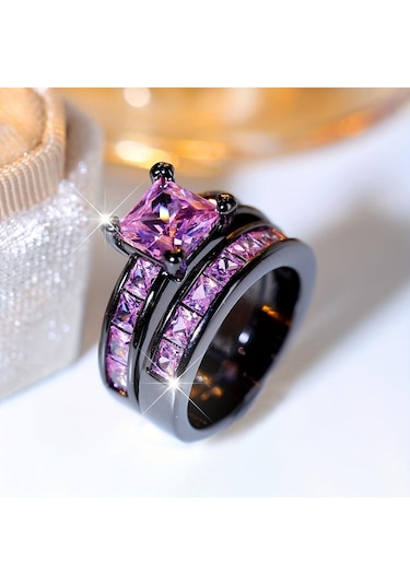 Siyah&pembe 2 Adet Zarif İstifleme Yüzükler Kare Mor Pembe Beyaz Zirkon Taş Yüzükler Kadınlar İçin Set Düğün Parti Parmak Takı 12 Çok Renkli