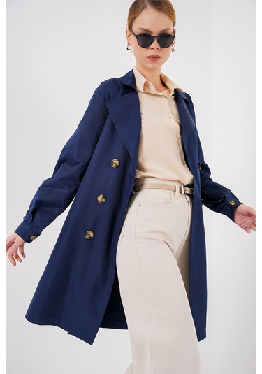 5864 Kruvaze Yaka Kısa Trençkot - Lacivert Lacivert