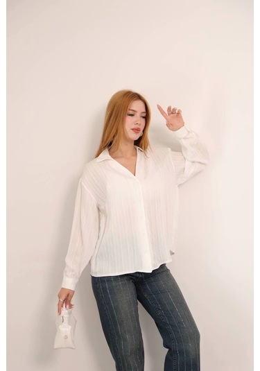 Kendinden Çizgili London Gömlek Beyaz