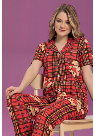 Kadın Düğmeli Desenli Pijama Takımı Kırmızı 1974 Waynap Kırmızı