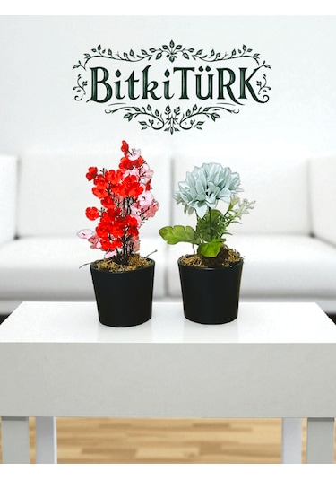 Bitkitürk- 2li Seramik Saksıda Yapay Çiçek Ofis Cafe Salon