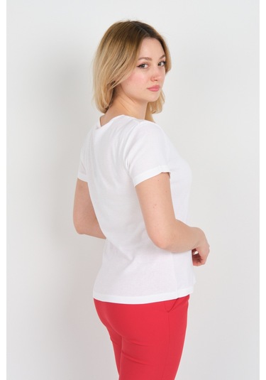 Ella Camelia Kadın Açma Yaka Taşlı Ve Desenli Pamuklu Bluz 23e010 Beyaz Beyaz