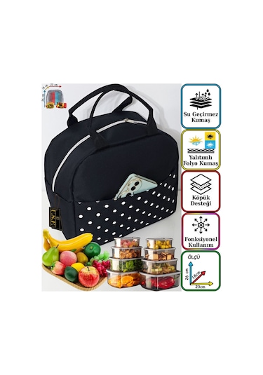 Anne Bebek Çocuk İçin Isı Yalıtımlı Termal Termoslu Yemek, Mama, Beslenme, Gıda Çantası Siyah Puantiye