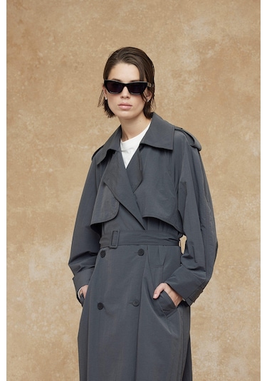 Manuka Teknik Kumaş Oversize Trenckot Antrasit