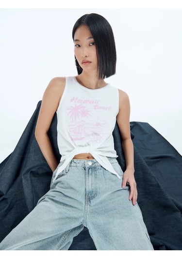 Tvoe Baskılı Yazıdan Belinde Dantel İle Bağlı Yazlık Askılı Üst 226125399 Beyaz