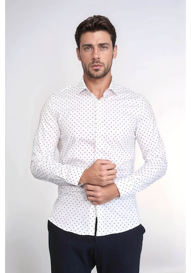 Minimal Bordo Motifli Beyaz Erkek Gömlek Wessi Beyaz