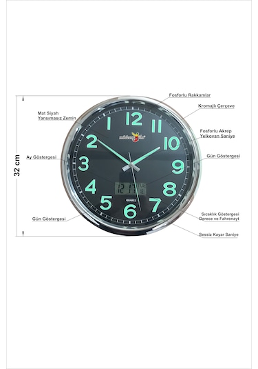 Fosforlu Gece Görünen 32 Cm Ters Çalışan Sessiz Siyah Duvar Saati Siyah - Gümüş