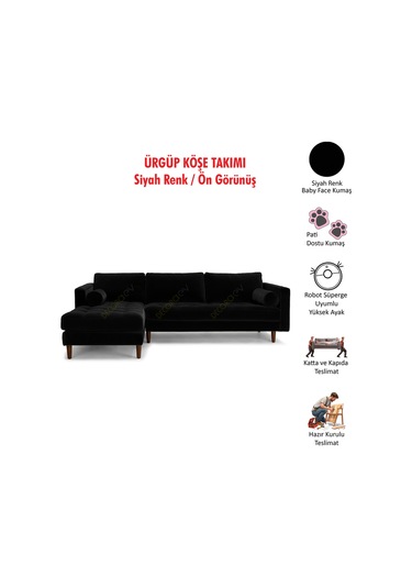Ürgüp Modern Köşe Koltuk Takımı -siyah- Sol Köşe-baby Face Yumuşak Kumaş Siyah