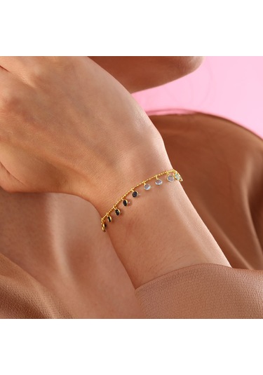 Queen Silver Jewelry 925 Ayar Gümüş Mavi Renk Geçişli Top Zincirli Bileklik Altın