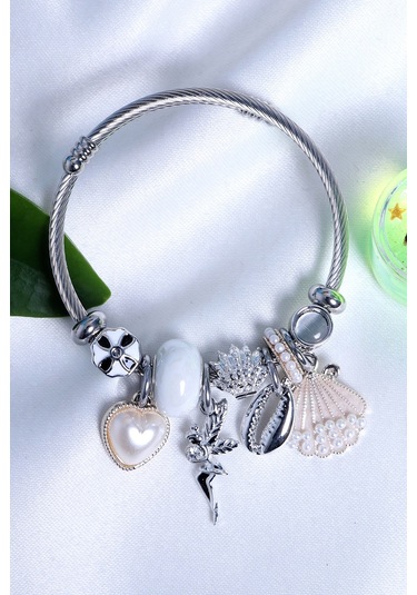 Bhs Life Kadın Beyaz Deniz Kabuğu Charmlı Çelik Bileklik Çelik