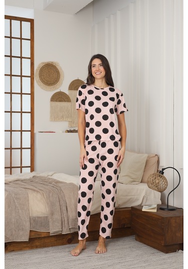 Kadın Yazlık Kısa Kol Penye Süprem Kumaş Pijama Takımı Pembe Puanlı