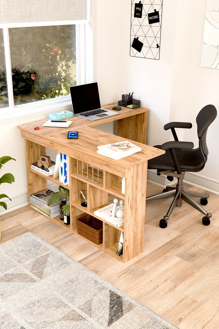 Corn Köşe Çalışma Masası Raflı Bilgisayar, Ofis Masası Atlantik Çam Atlantik Çam