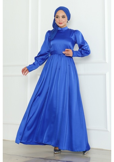 Kuşaklı Saten Abiye 1136 - Saks Mavisi