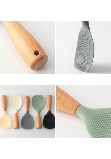 Dianziye Gri Yemek Grade Silikon Pirinç Kaşığı, Dikey Konumlanabilir, Ahşap Saplı, Isı Dayanıklı, 1 Adet