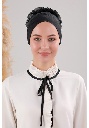 Tesettür Fırfırlı Çapraz Bone Siyah Siyah