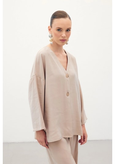 Sateen Düğmeli Kimono - Taş Taş