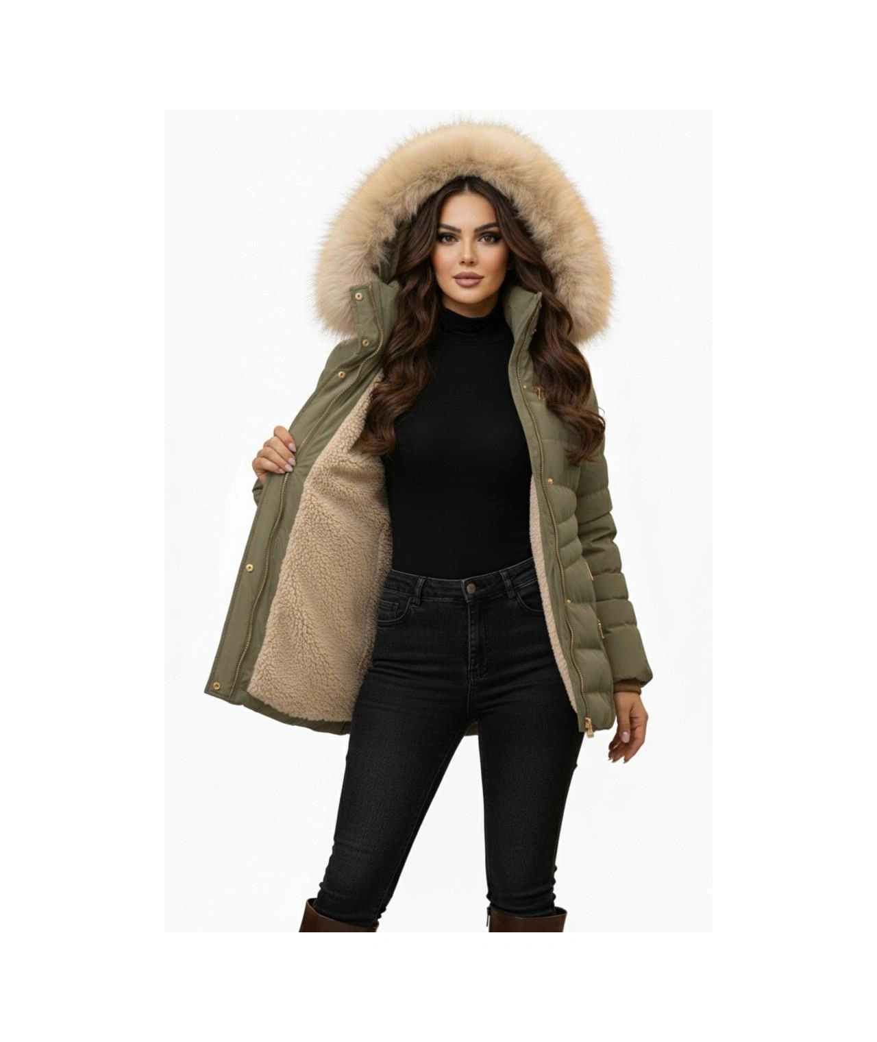 Kadın Büyük Beden Spor Kapüşonlu İçi Peluş Mont M5306 Bgl-st04892 Haki