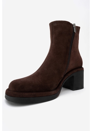 Junae Kahverengi Süet Hakiki Deri Kadın Kalın Topuklu Bot Kahverengi