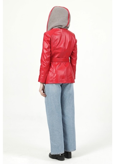 Dericlub Yb-2163/80 Gerçek Deri Kadın Kaban Kırmızı