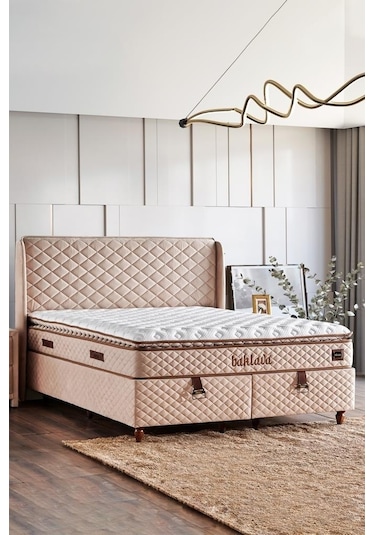 Baklava Lüks Yatak Baza Ve Başlık Seti 200x200 Cm Çift Kişilik Çok Sert Yatak Krem Baza Ve Başlık