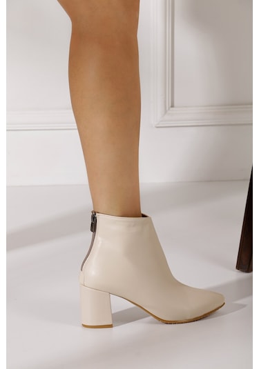 Günlük Kadın Kısa Bot Kalın Topuklu Fermuarlı Sivri Burunlu Tırtıklı Taban Kürklü Astarlı Bootie 211 Mahmut Özer Cilt- Bej