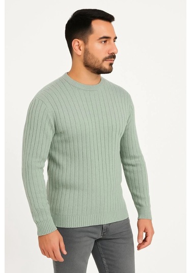 Erkek Bisiklet Yuvarlak Yaka Triko Kazak Pamuklu Kalın Fitilli Dokuma, Regular Fit Uzun Kollu Kışlık Mint Yeşili