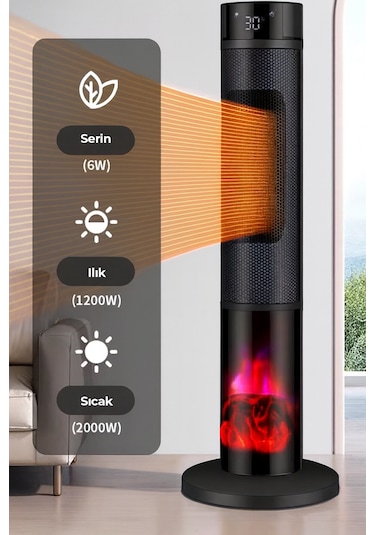 Şömineli Seramik Kule Tipi Dikey Isıtıcı Uzaktan Kumandalı