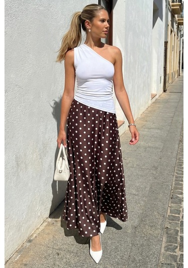 Madmext Kahverengi Puantiyeli Maxi Kadın Saten Etek Mg2725