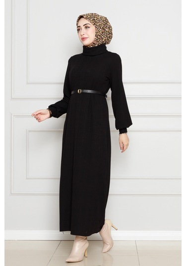 Balıkçı Yaka Kemerli Elbise-siyah-4552 Siyah