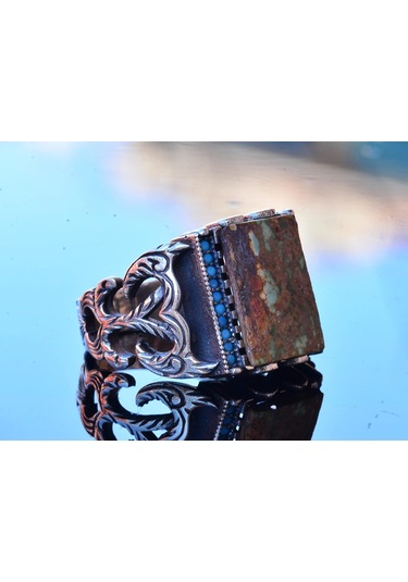 Gerçek Doğal Arizona Turkuaz Taş Yüzük - Gümüş Yüzük - Özel Gümüş Yüzük Stil-1 Gümüş