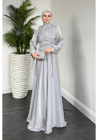 Kolu Bağlamalı Abiye Gri