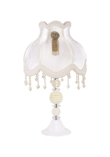 Broş Dekorlu Abajur Beyaz Klasik Model İncili Ayak